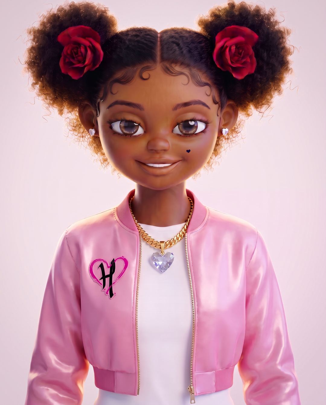 Harriet Heart in her pink satin bomber with the heart-H mark, gold chain and crystal heart, smiling, arms relaxed
