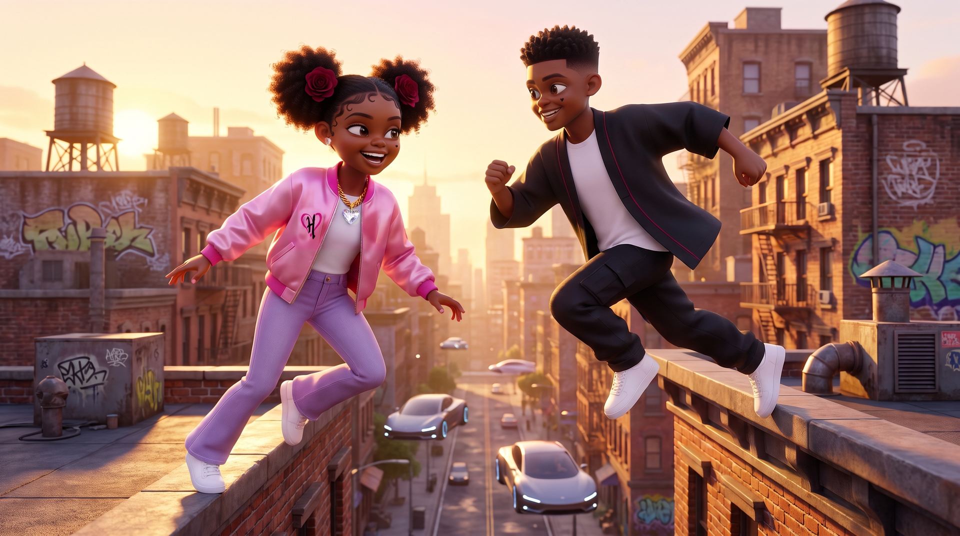 Harriet Heart and her twin Hunter racing across Vellacity rooftops at sunset, hover-cars below