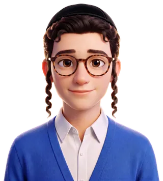 Asher in tortoiseshell glasses and a black kippah, with curled side locks and a blue cardigan
