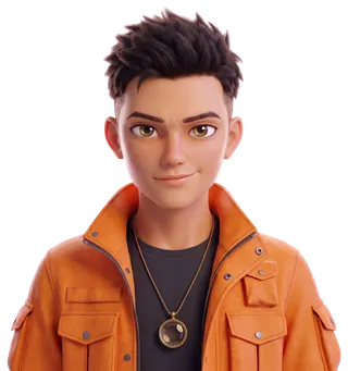 Daisuke with spiky dark hair, an orange utility jacket and a round pendant