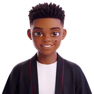 Hunter smiling, short coily hair, a black haori with red trim over a white tee