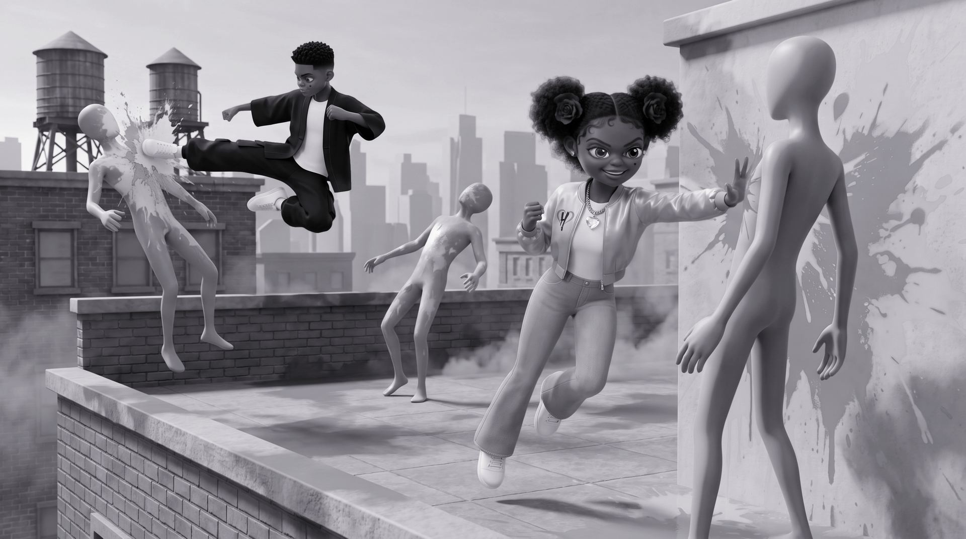 A Vellacity rooftop drained to grey: Harriet Heart, Hunter and the Hush figures with no colour left at all