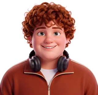 Rory grinning, a full mop of copper curls, black headphones round his neck, a copper track jacket