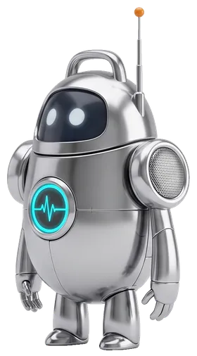 Sir-Rio, a small chrome robot with round speaker shoulders and a cyan heartbeat light