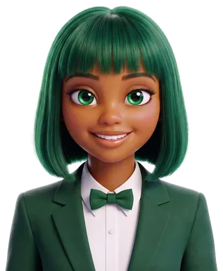 Zeienka with a sleek green bob, a green blazer and a green bow tie